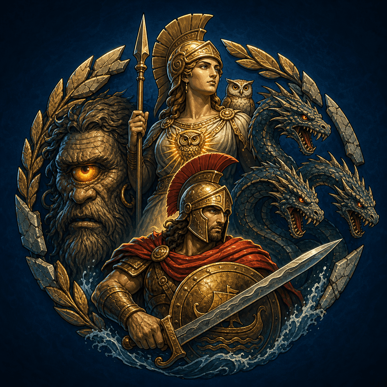 KLEOS mythic crest featuring Odysseus, Athena, the Cyclops, and Hydra