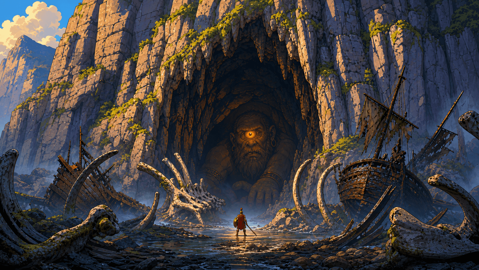 A colossal cave opens among bones and wrecks, with one eye in the dark.
