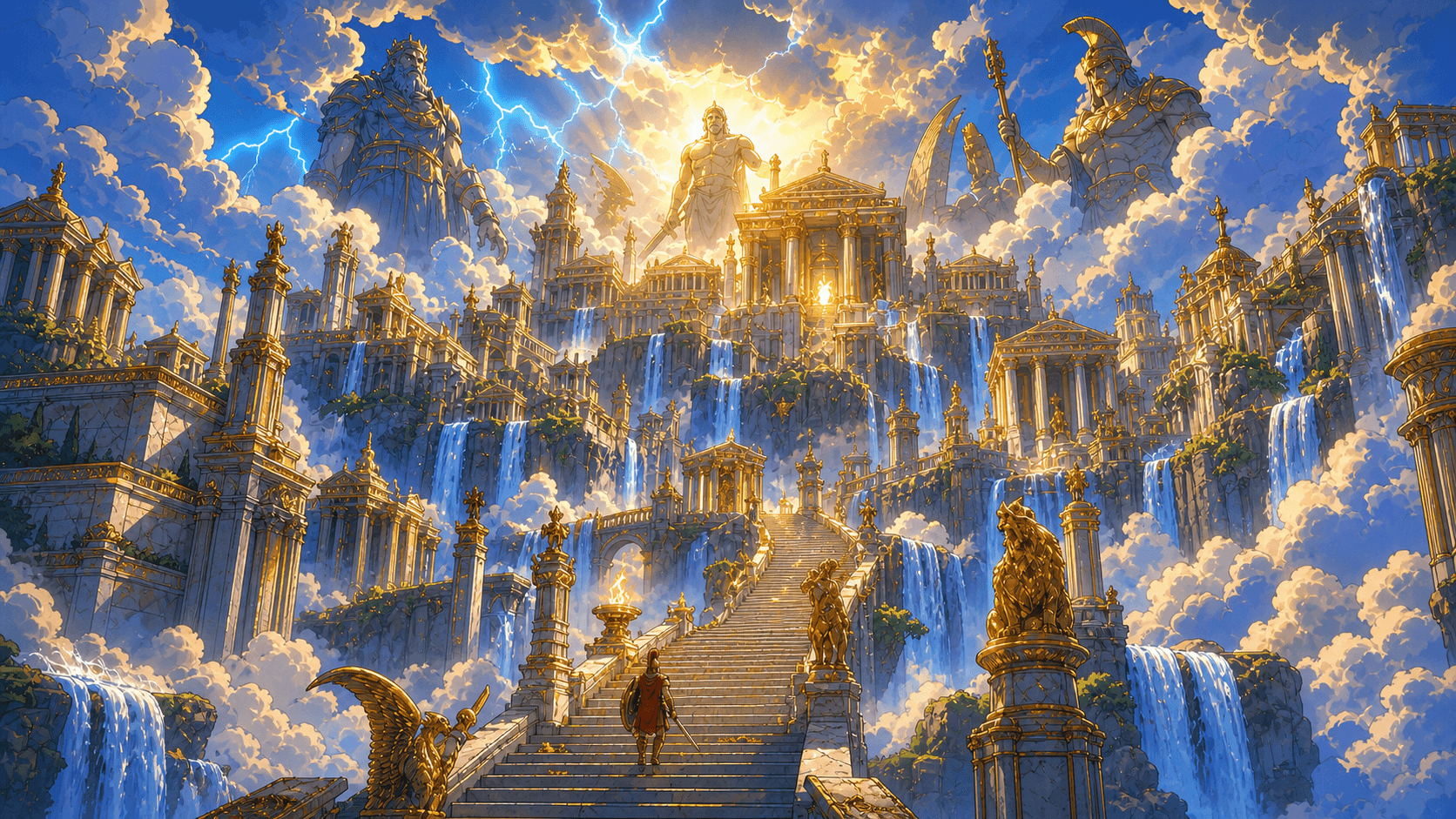 A golden city of impossible marble palaces floats above the clouds.