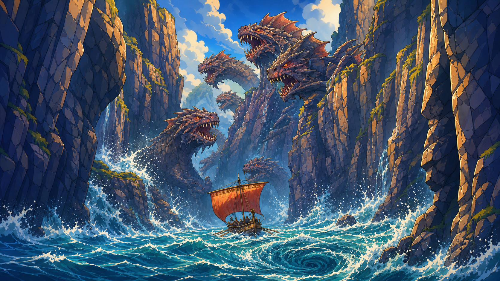 Scylla rises from a narrow sea canyon above a tiny trapped ship.