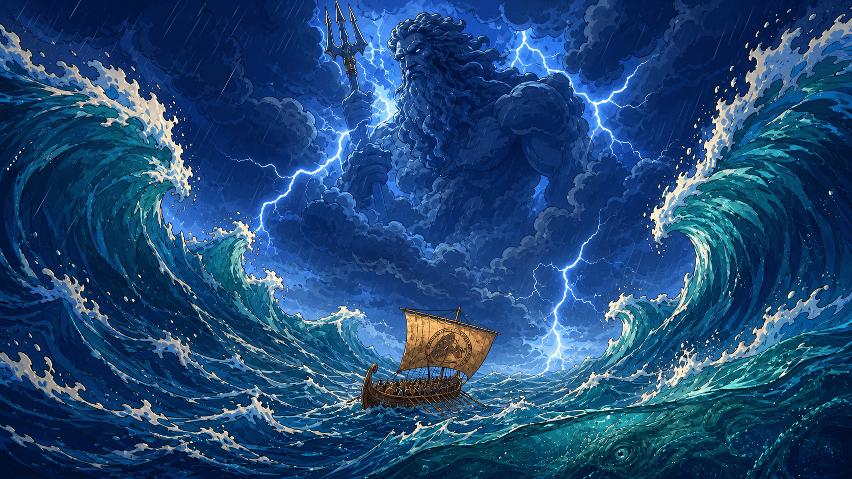 A tiny Greek ship faces impossible waves beneath Poseidon's storm.