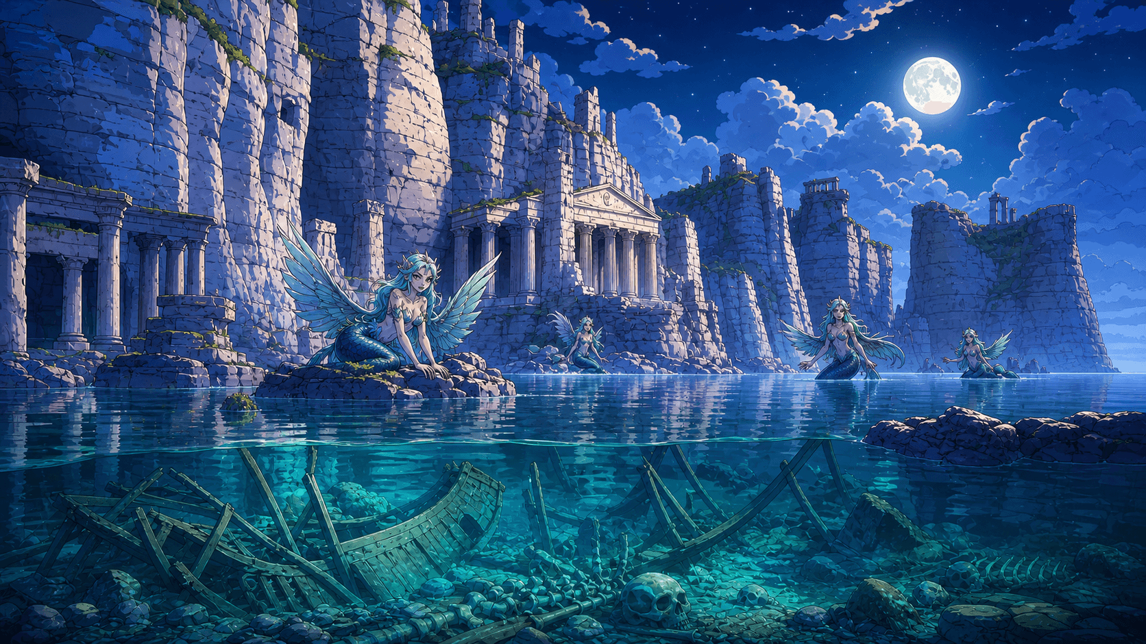 Spectral sirens haunt moonlit ruins above a deceptively calm sea.