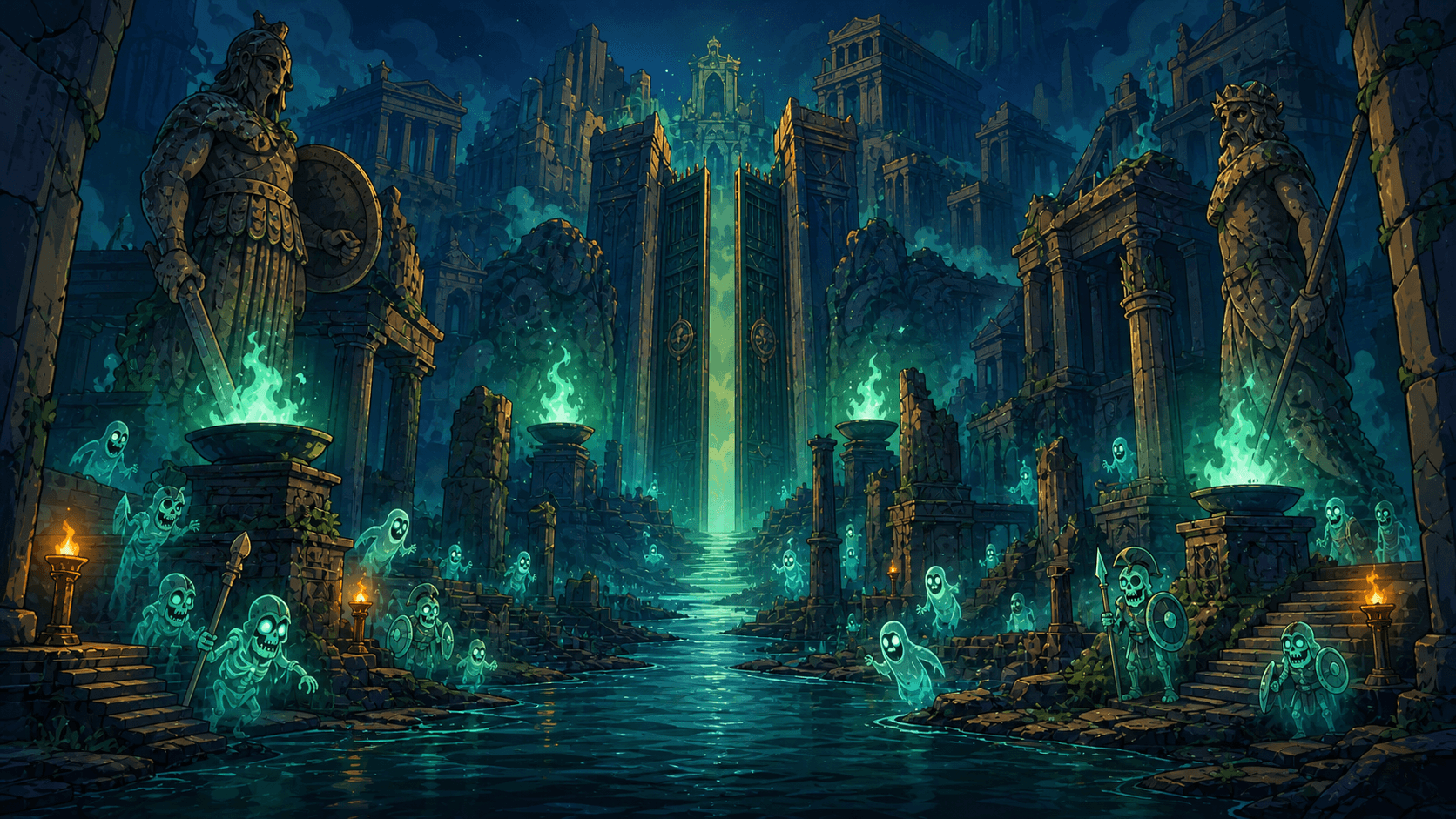 The River Styx leads through lost souls toward towering spectral gates.