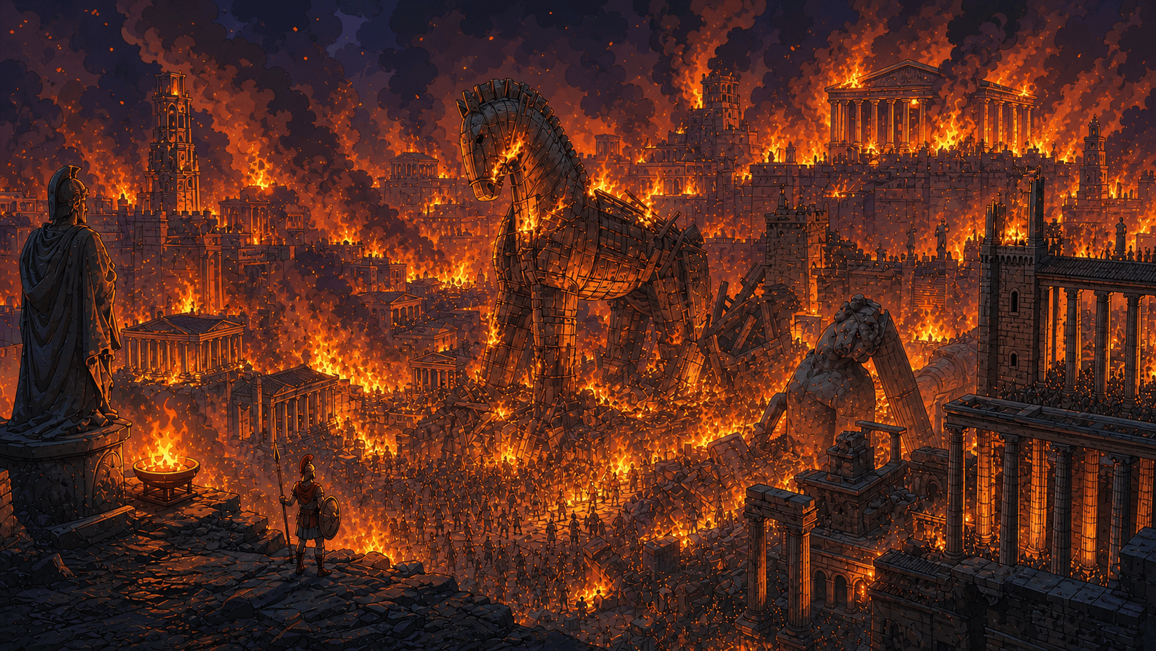 Troy collapses in fire beneath smoke and falling marble statues.